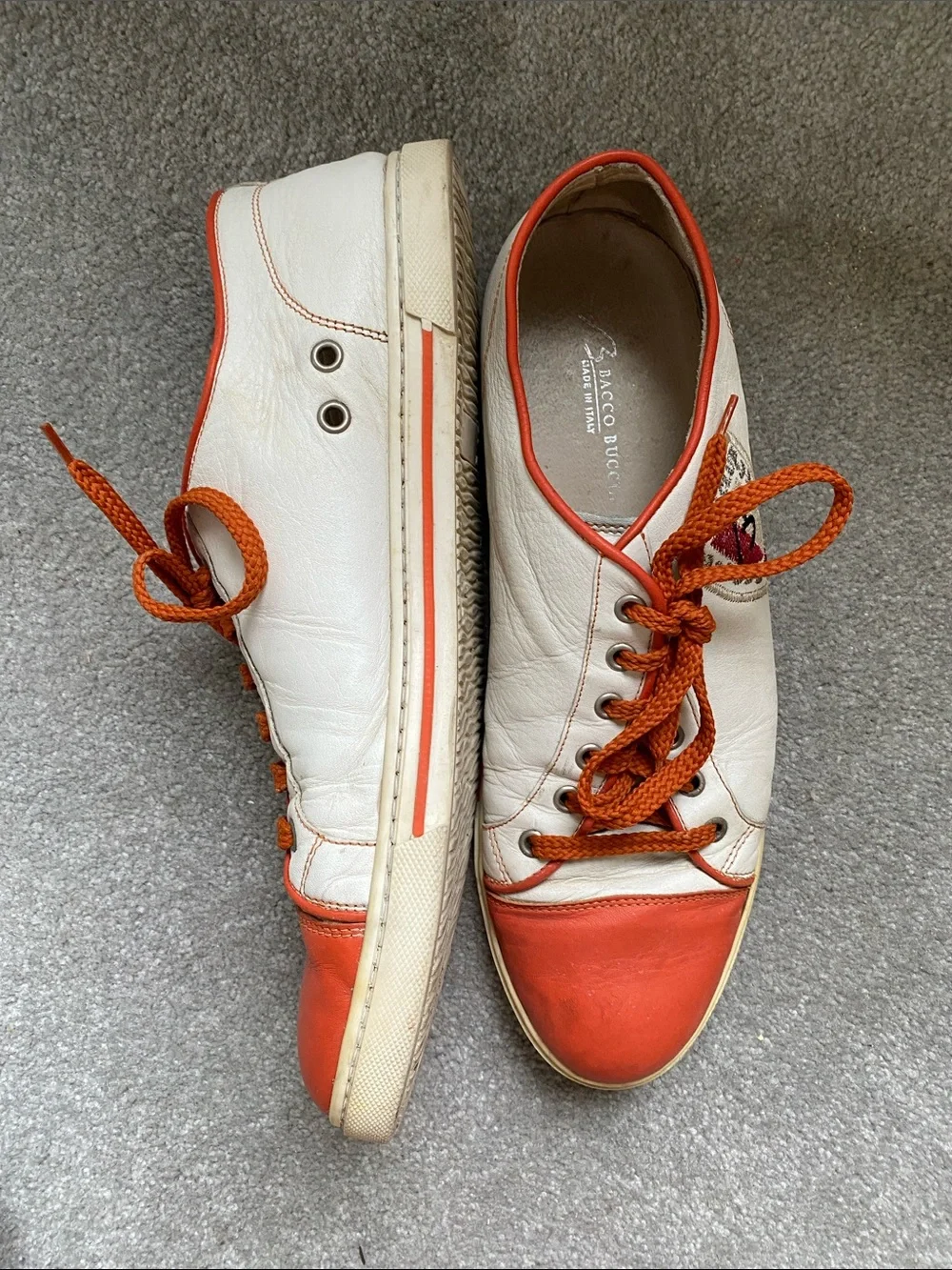 Vintage Bacco Bucci White and Orange Leather Sneakers Made In Italy